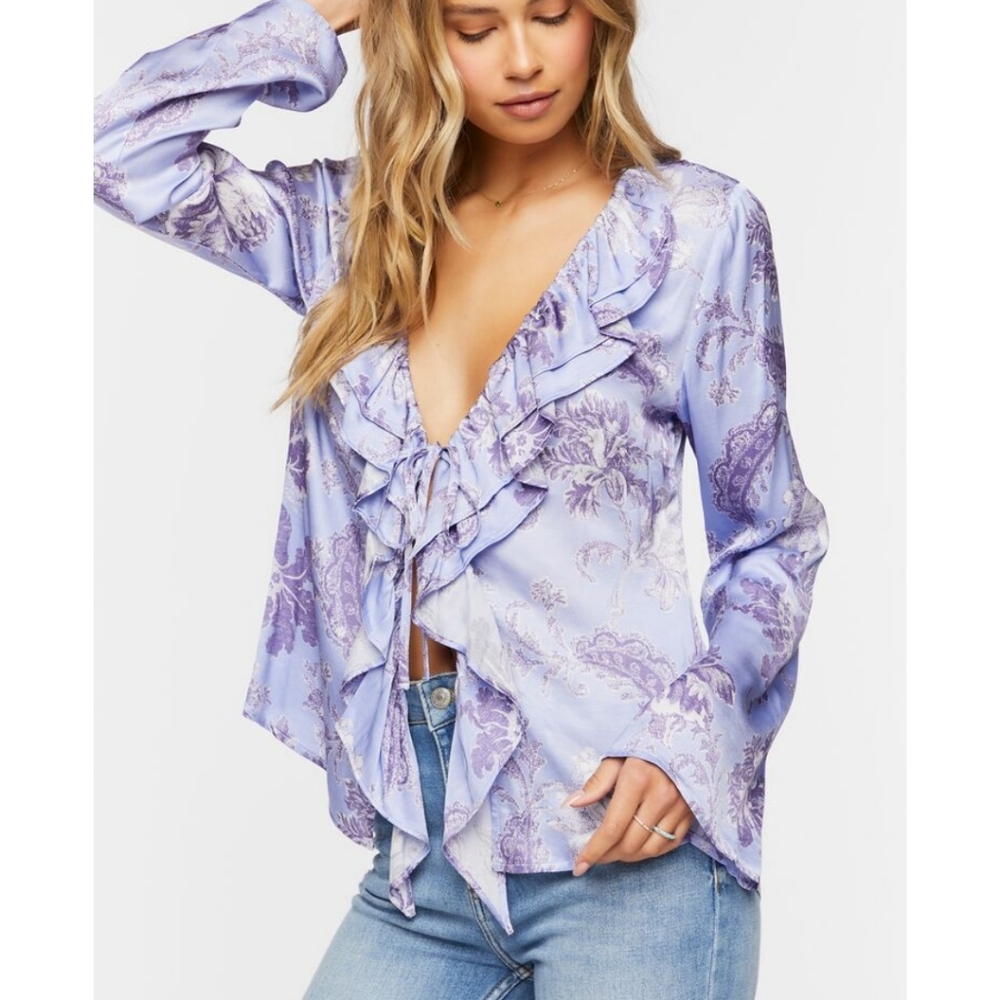 Forever 21‎ Satin Ruffle Trim Top Blue Moon Floral Top Blouse Size S